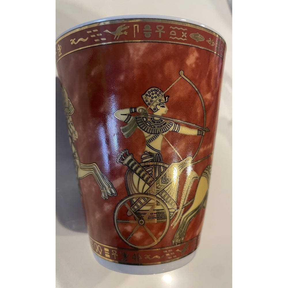 Vintage Egyptian Turkish Porcelain Cup chariot battle or hunt scene hieroglyphic